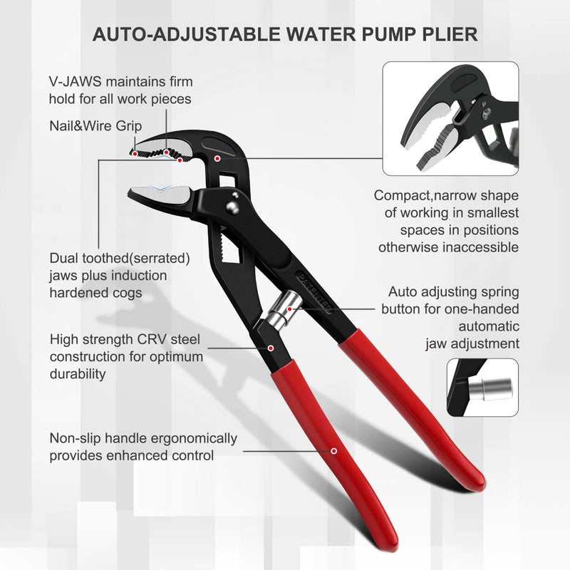 HAUTMEC 10-Inch Water Pump Pliers, Auto-Adjusting Tongue and Groove Joint Pliers, V-Jaw with Comfort Grips, Rust-Proof CRV Steel Construction for Plumbing, Home Repair, and Pipe Fittings HT0088 - Image 2